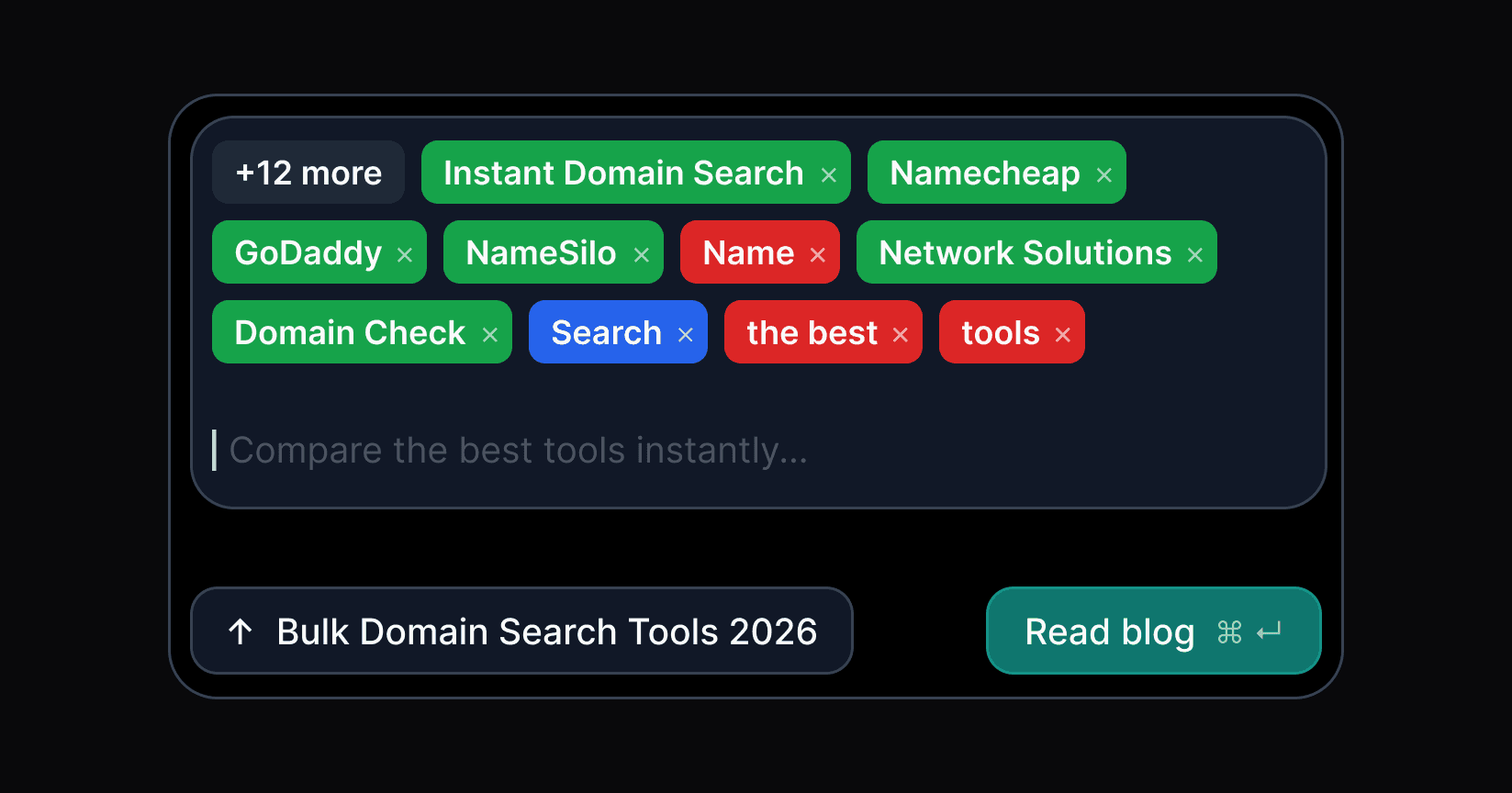 Bulk Domain Search Tools comparison showing Instant Domain Search interface with domain tags and search input