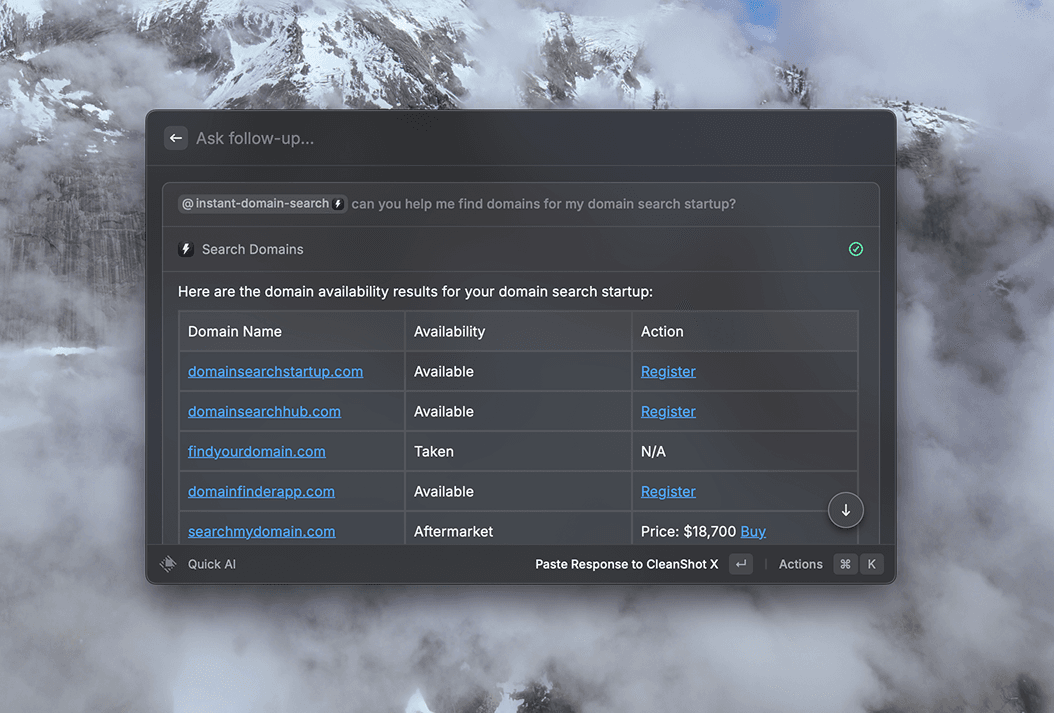 Raycast MCP chat interface with @instant-domain-search